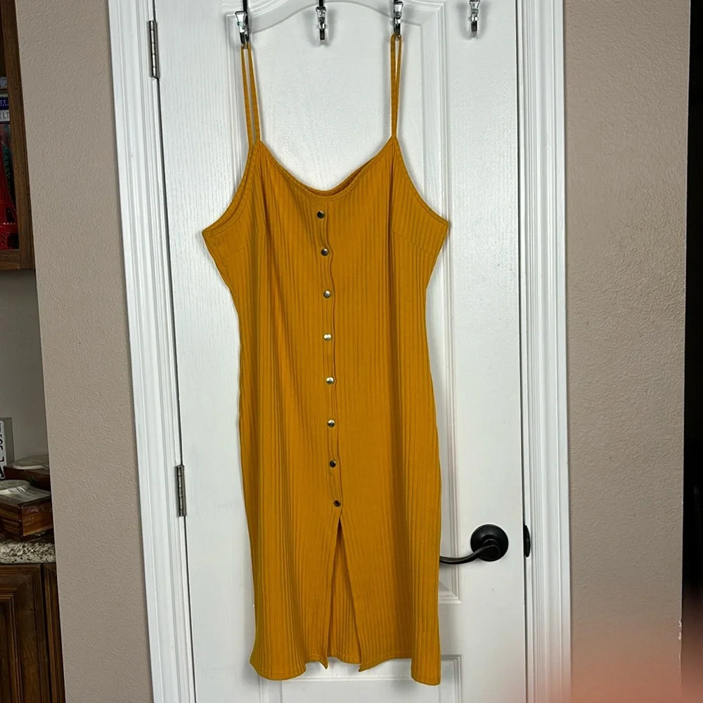 LU NYC Women's Spaghetti Strap Ribbed Yellow Stretch Midi Summer Dress Size 2X
